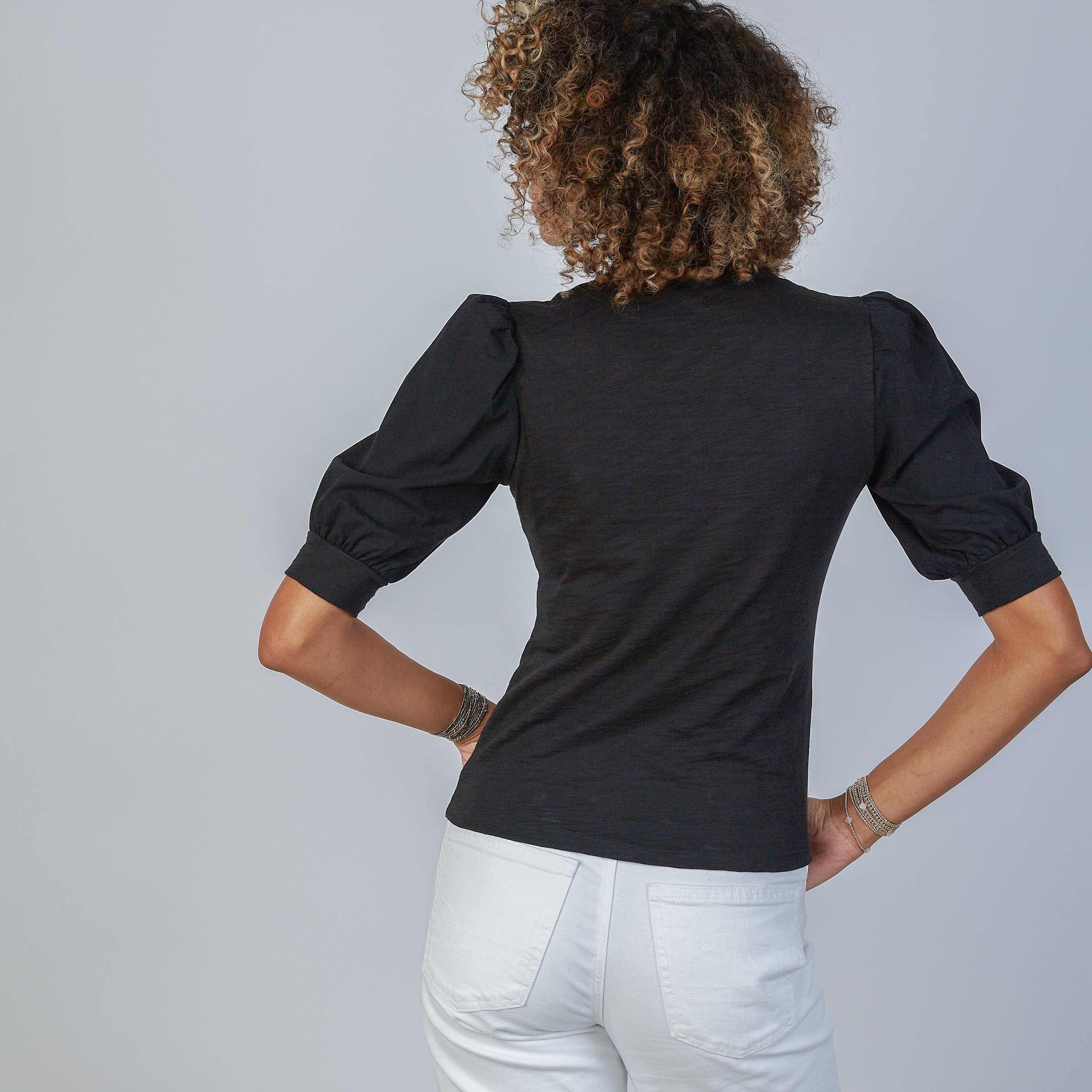 Kate Puff Sleeve V in Slub in Black