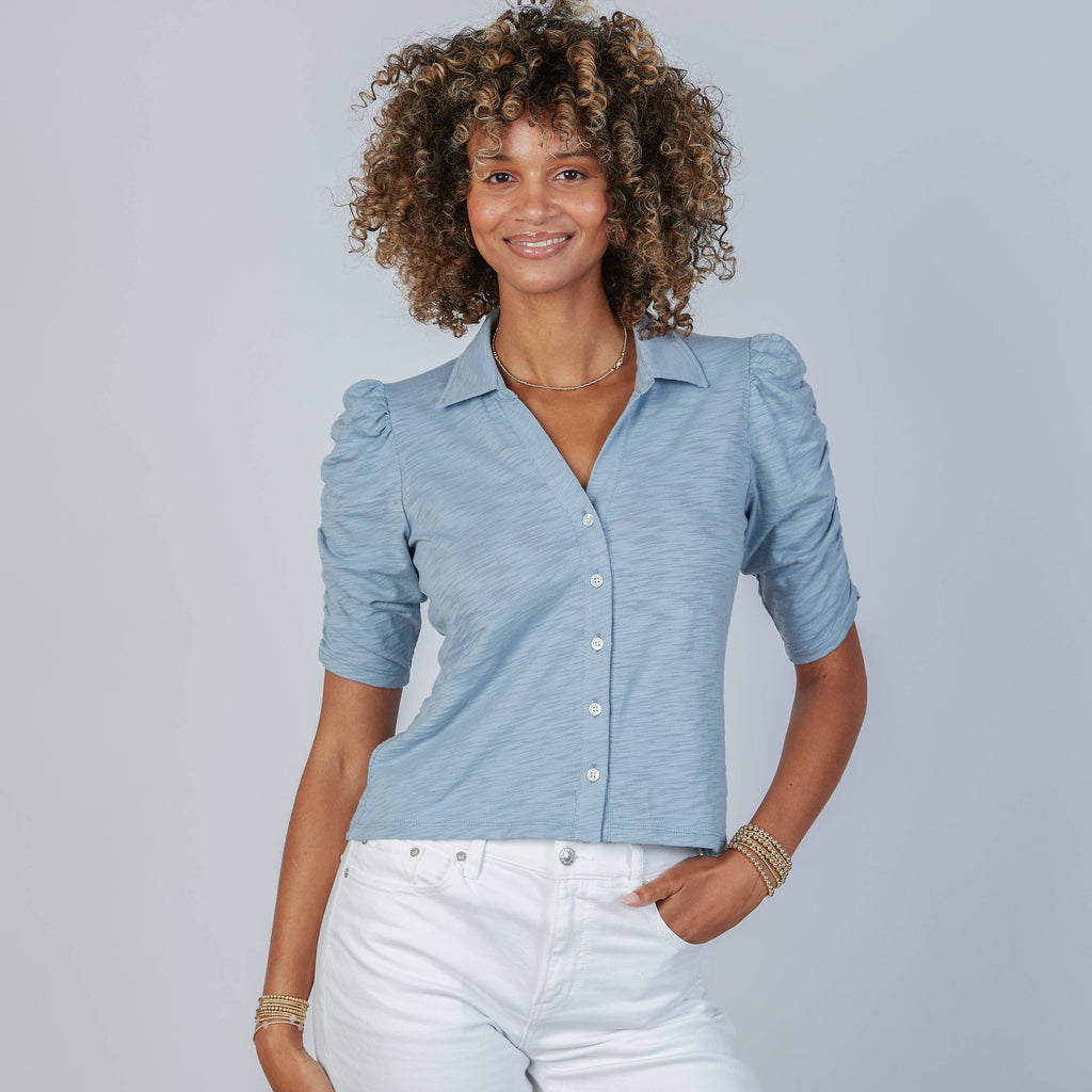 Grace Button-Up Elbow-Length Tee in Dusty Blue