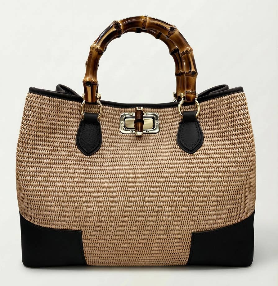 Bamboo Raffia Bag with Hammered Leather Trim