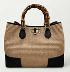 Bamboo Raffia Bag with Hammered Leather Trim