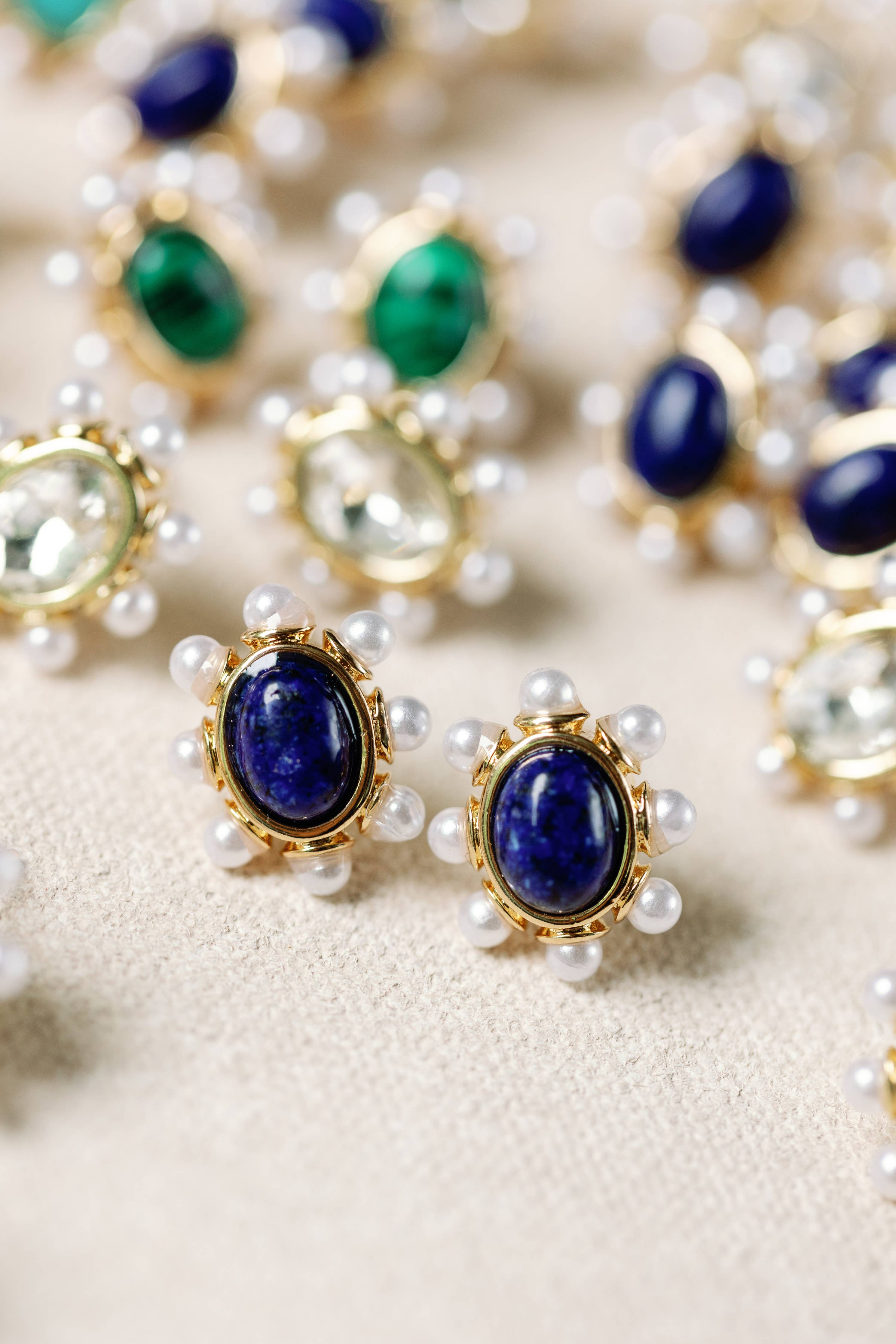 Blue Lapis and Pearl Oval Stud Earrings St Armands Designs