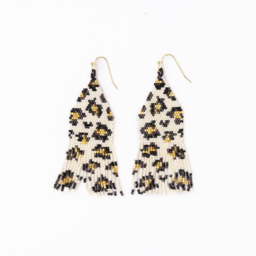 INK+ALLOY Cheetah Beaded Fringe Earrings Ivory/Black/Gold