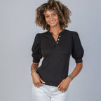 Kate Puff Sleeve V in Slub in Black