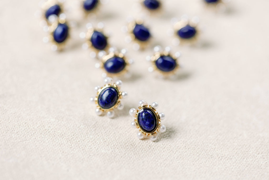 Blue Lapis and Pearl Oval Stud Earrings St Armands Designs