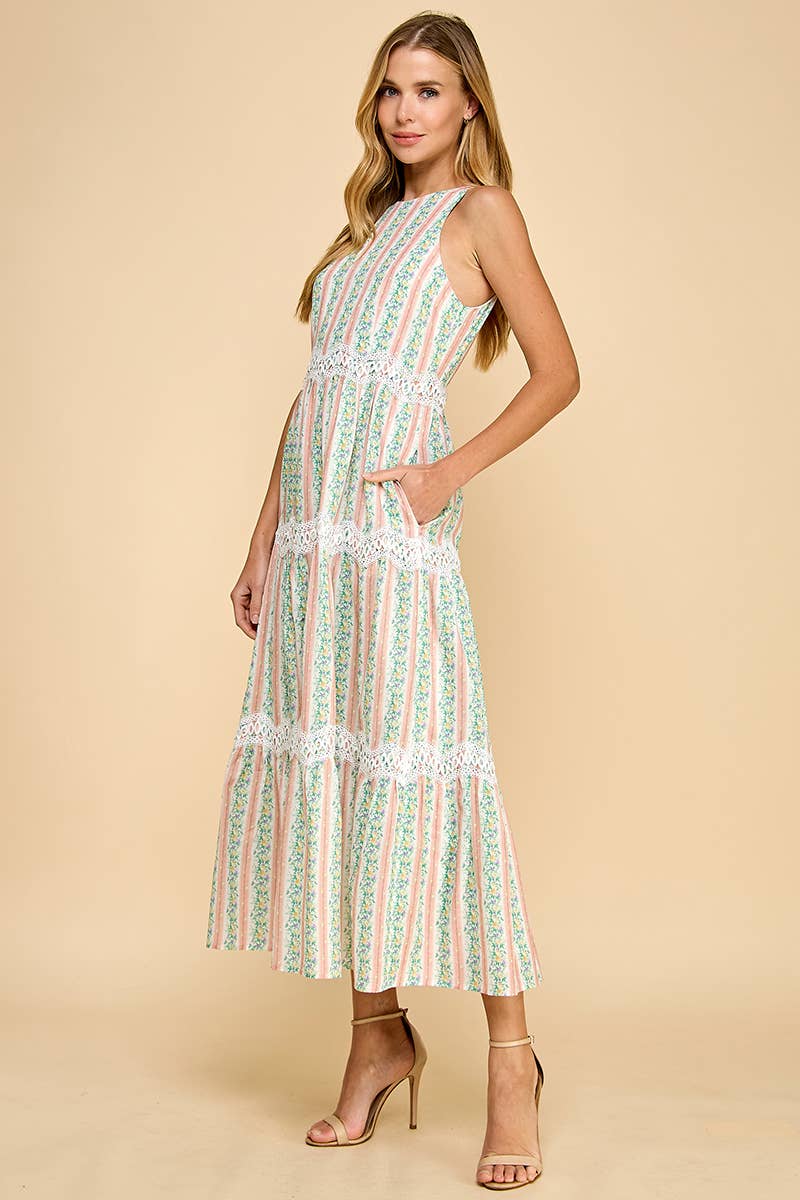 TCEC Floral Stripe Scallop Lace Midi Dress