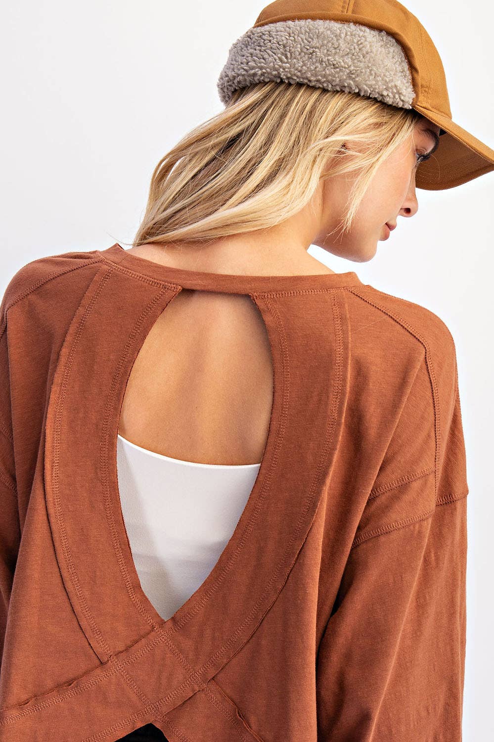 COTTON SLUB OPEN BACK LONG SLEEVE TOP
