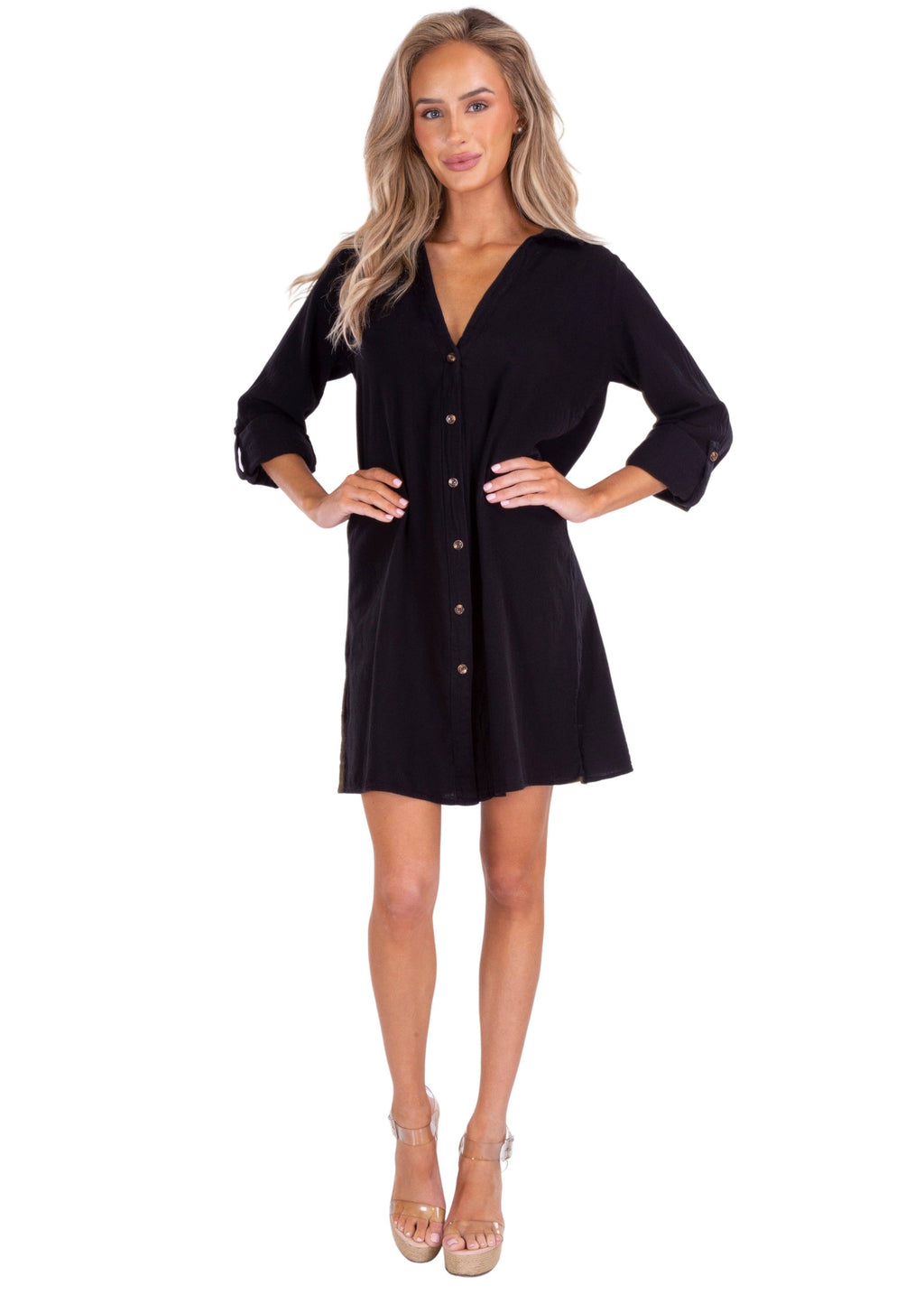 Long Sleeve Button-Up Cotton Cover-Up Dress - Black