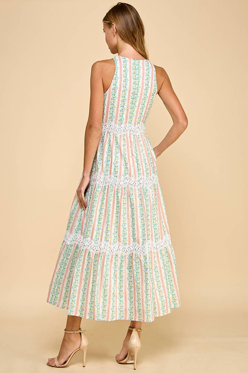 TCEC Floral Stripe Scallop Lace Midi Dress
