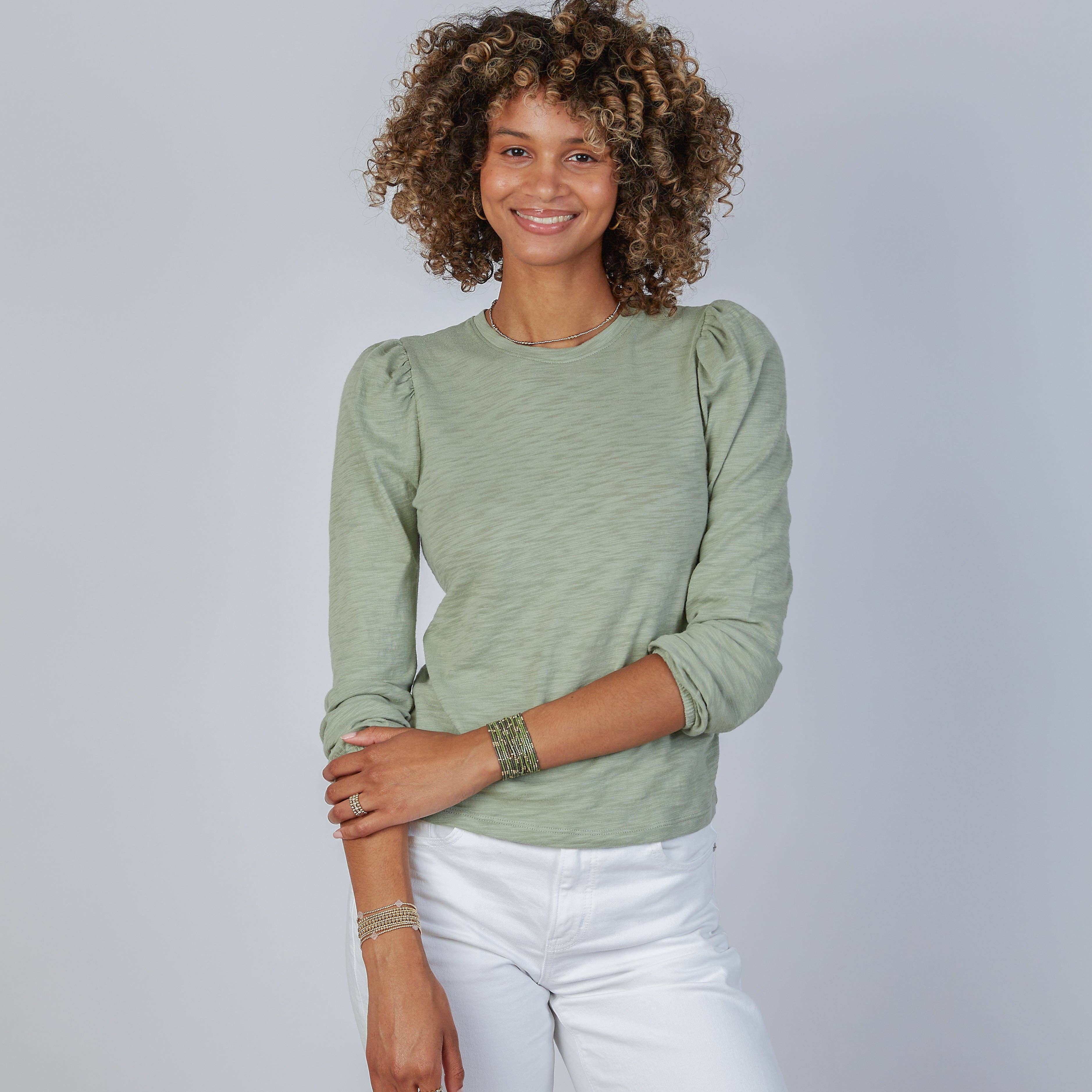 Joanie Subtle Puff Long Sleeve Tee w/Elastic Cuff in Sage