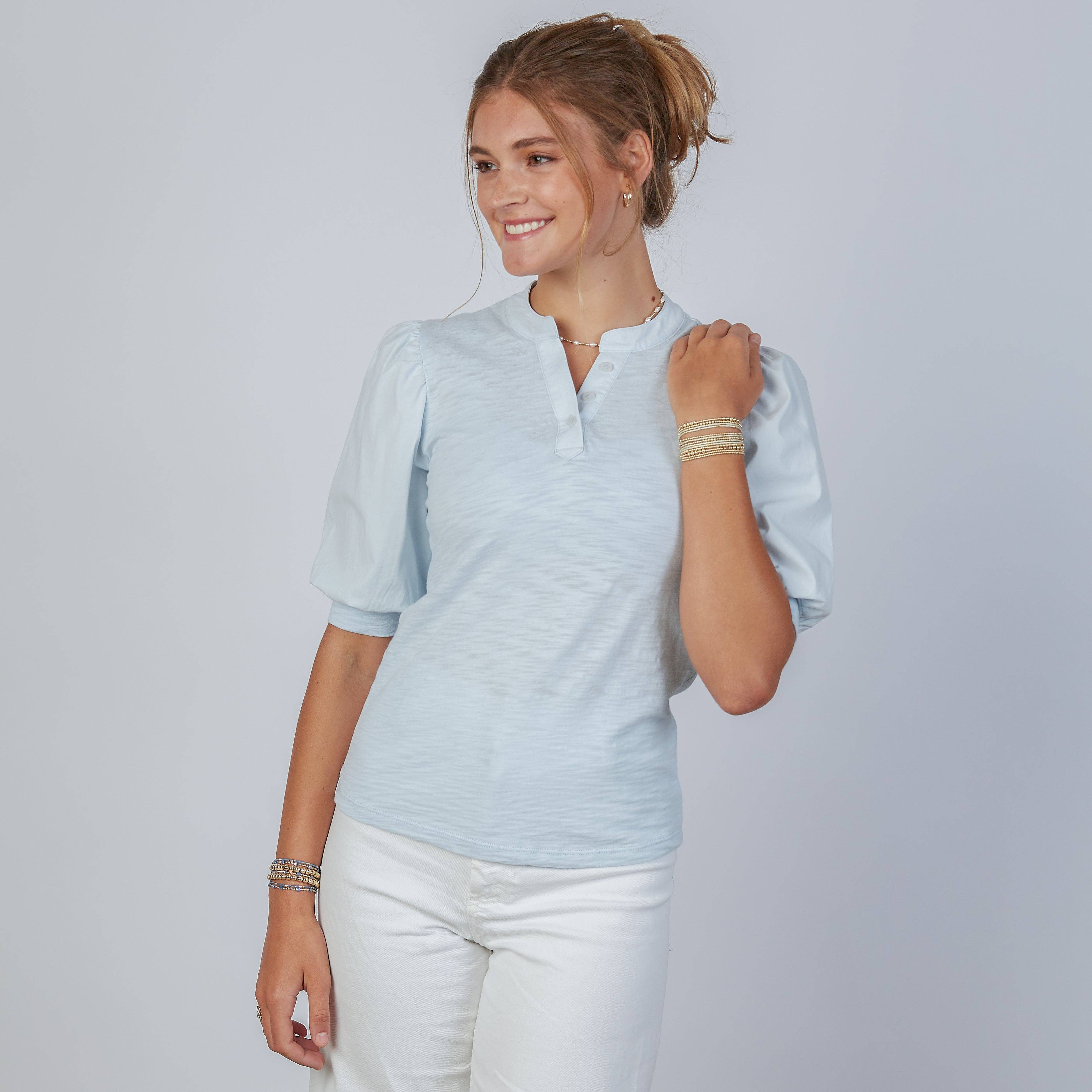 Kate Puff Sleeve V in Slub in Sky Blue