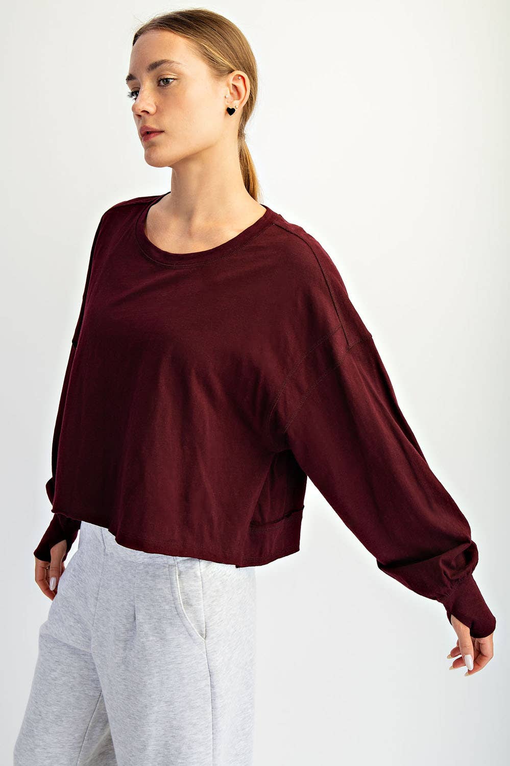 COTTON SLUB OPEN BACK LONG SLEEVE TOP