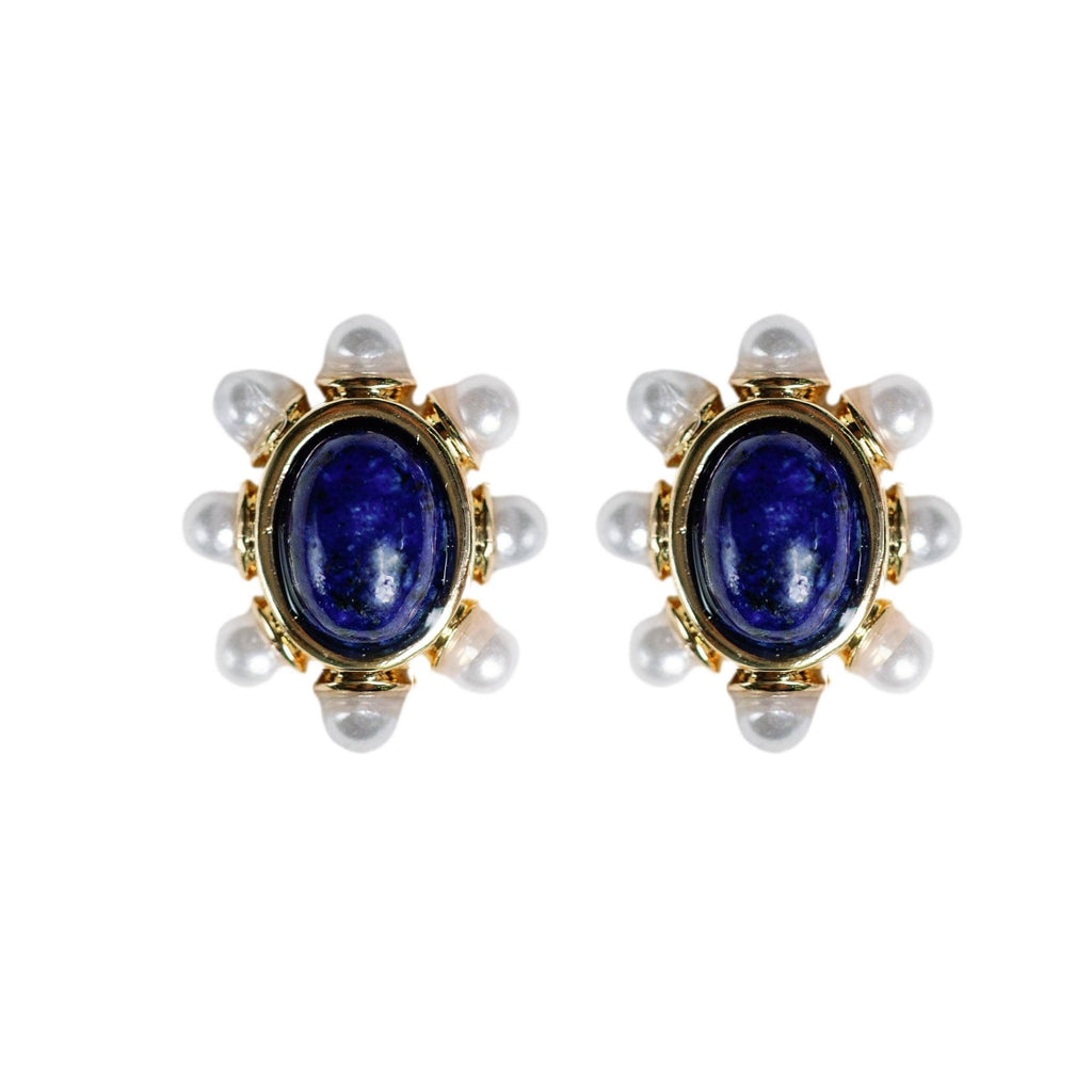 Blue Lapis and Pearl Oval Stud Earrings St Armands Designs