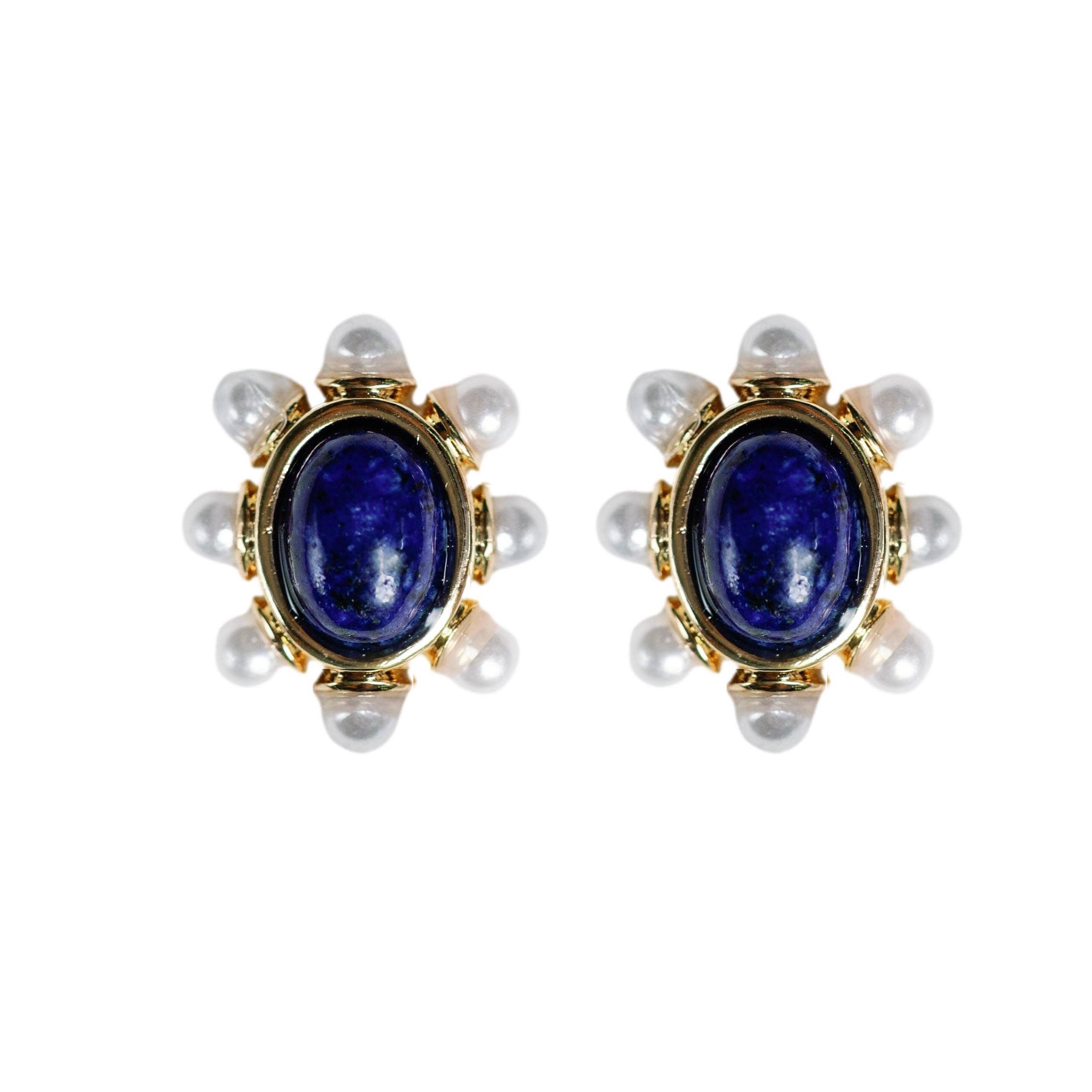 Blue Lapis and Pearl Oval Stud Earrings St Armands Designs