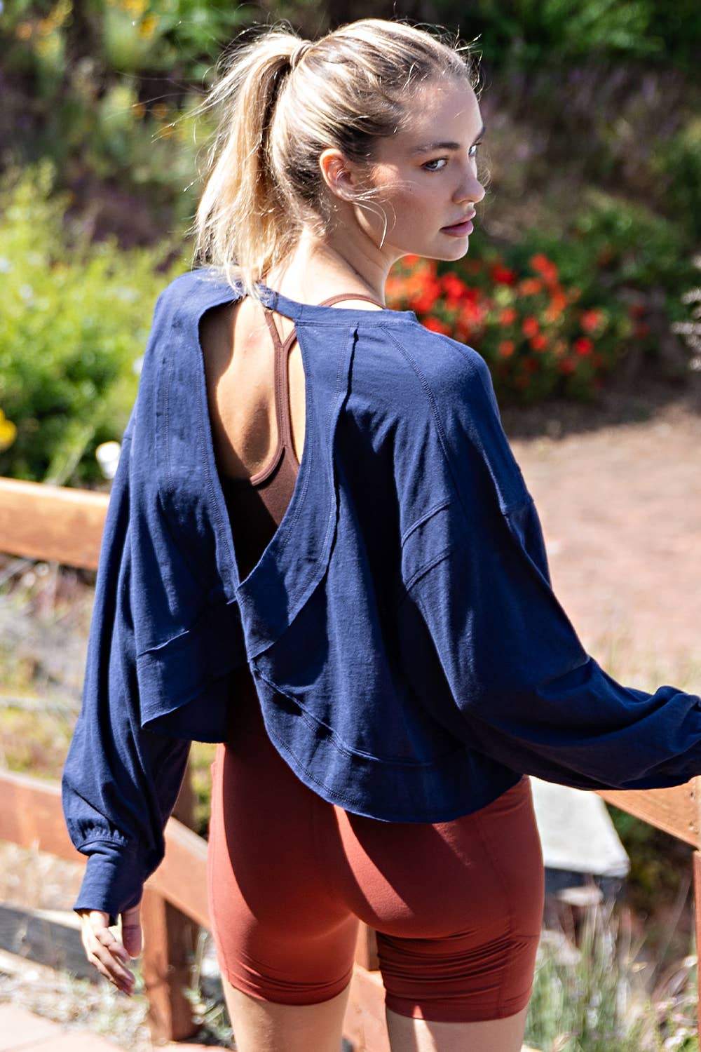 COTTON SLUB OPEN BACK LONG SLEEVE TOP