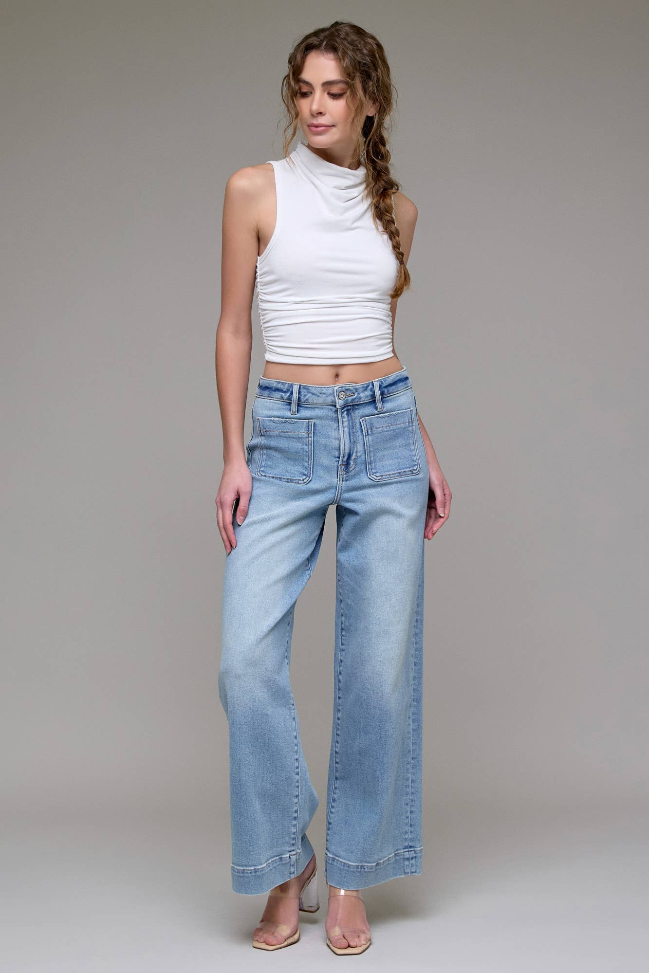 Light Wash Front Pocket Stretch Wide leg