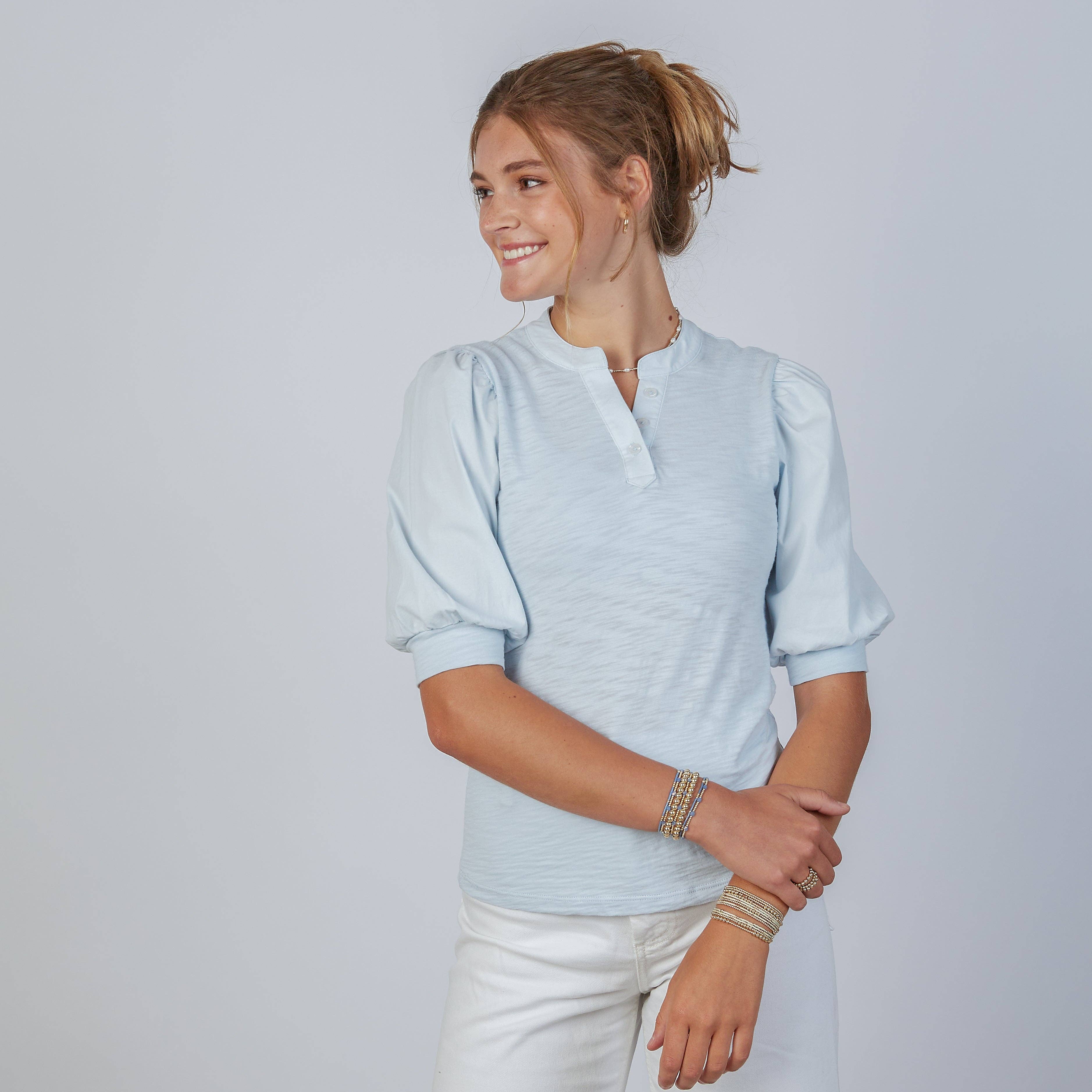 Kate Puff Sleeve V in Slub in Sky Blue