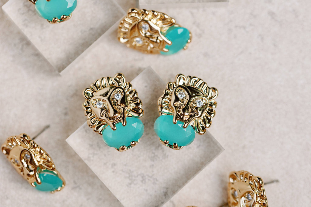 Turquoise and Gold Lion Studs St Armands Designs