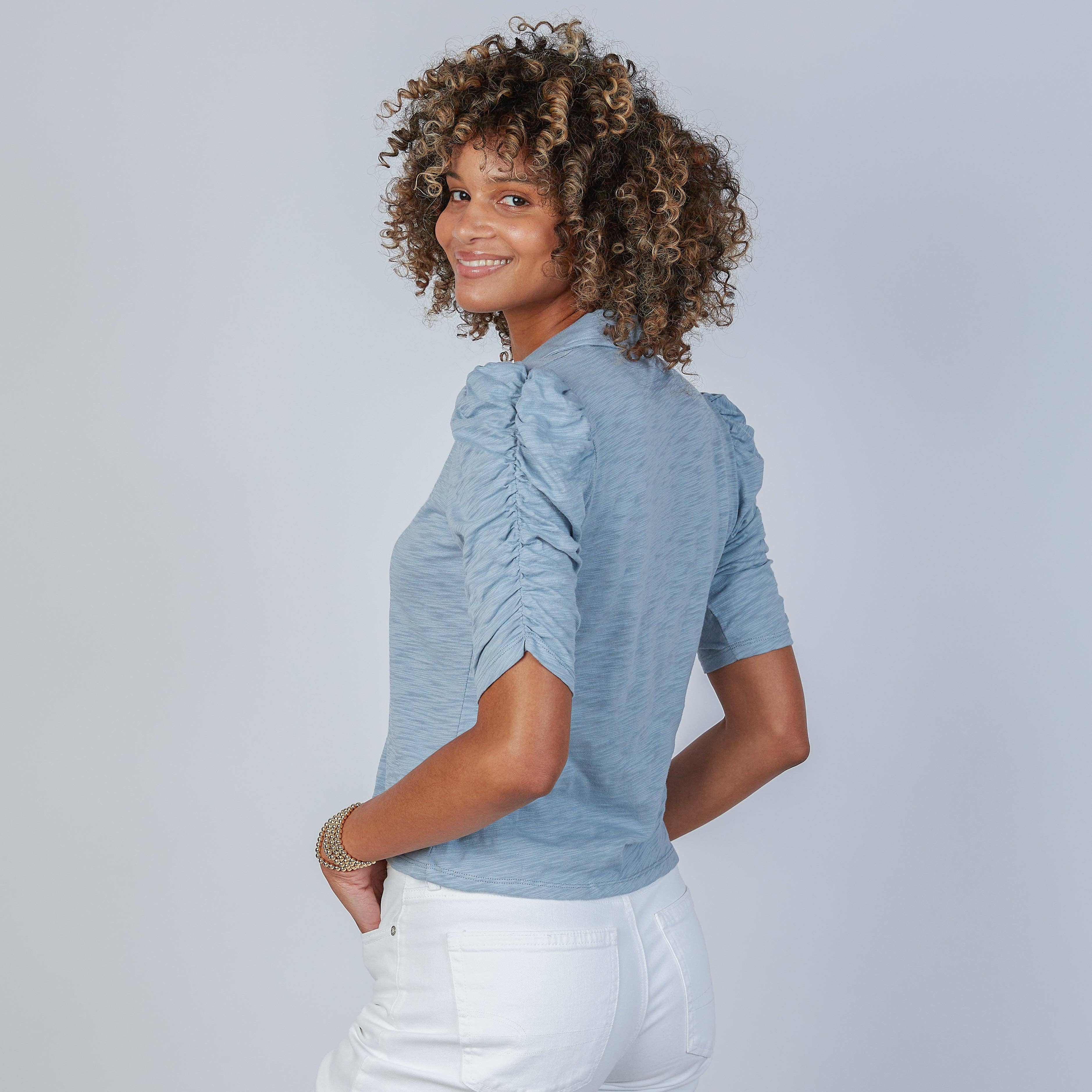 Grace Button-Up Elbow-Length Tee in Dusty Blue