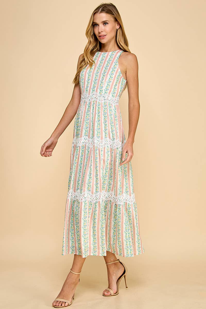TCEC Floral Stripe Scallop Lace Midi Dress