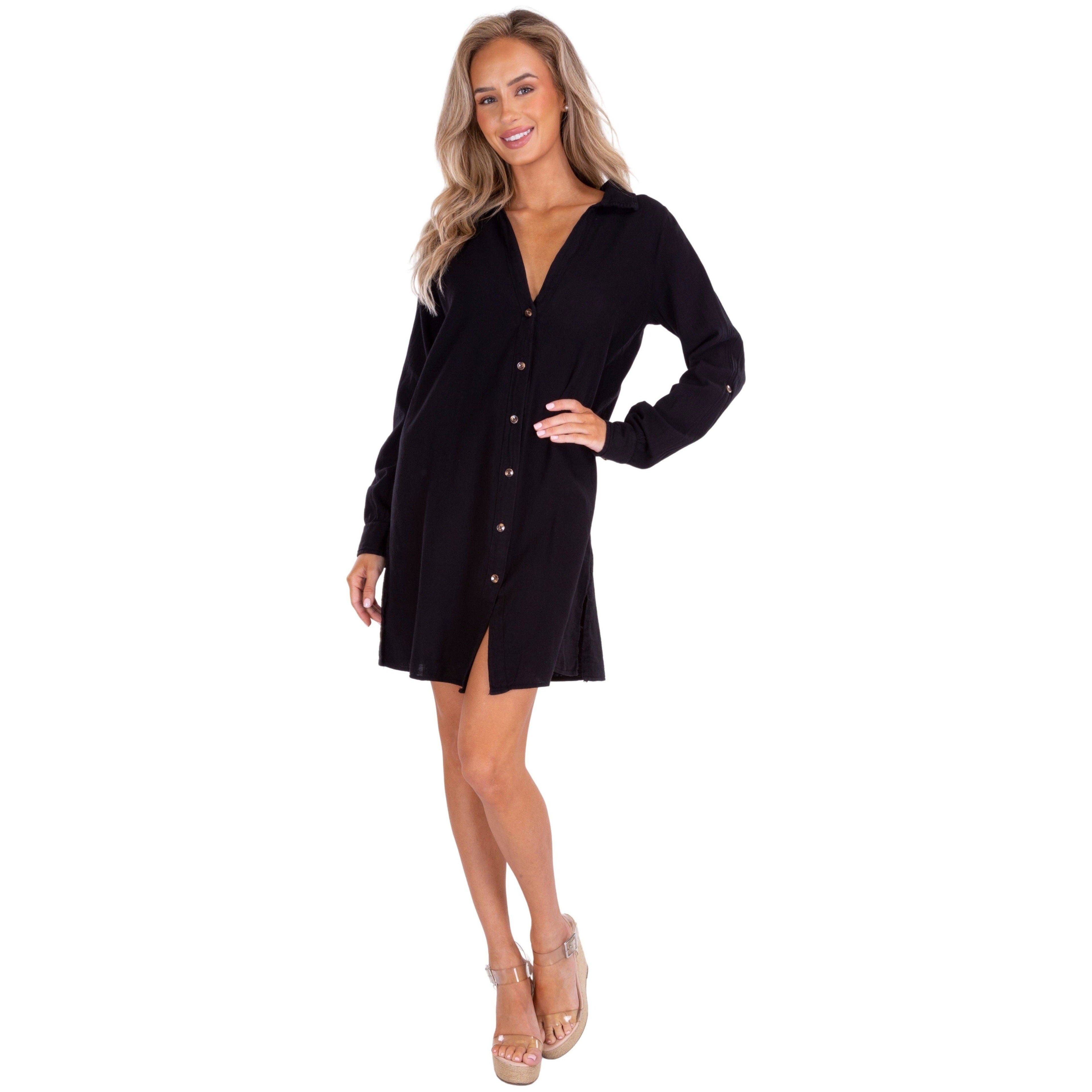 Long Sleeve Button-Up Cotton Cover-Up Dress - Black