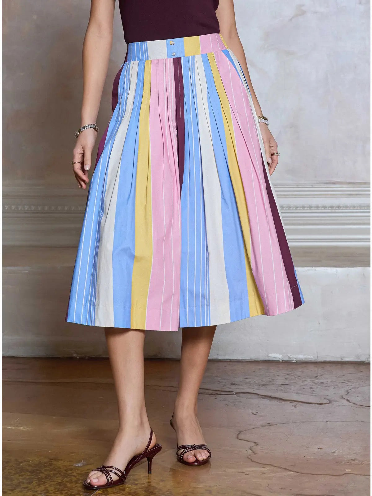 Current Air Striped Cotton A-Line Midi Skirt