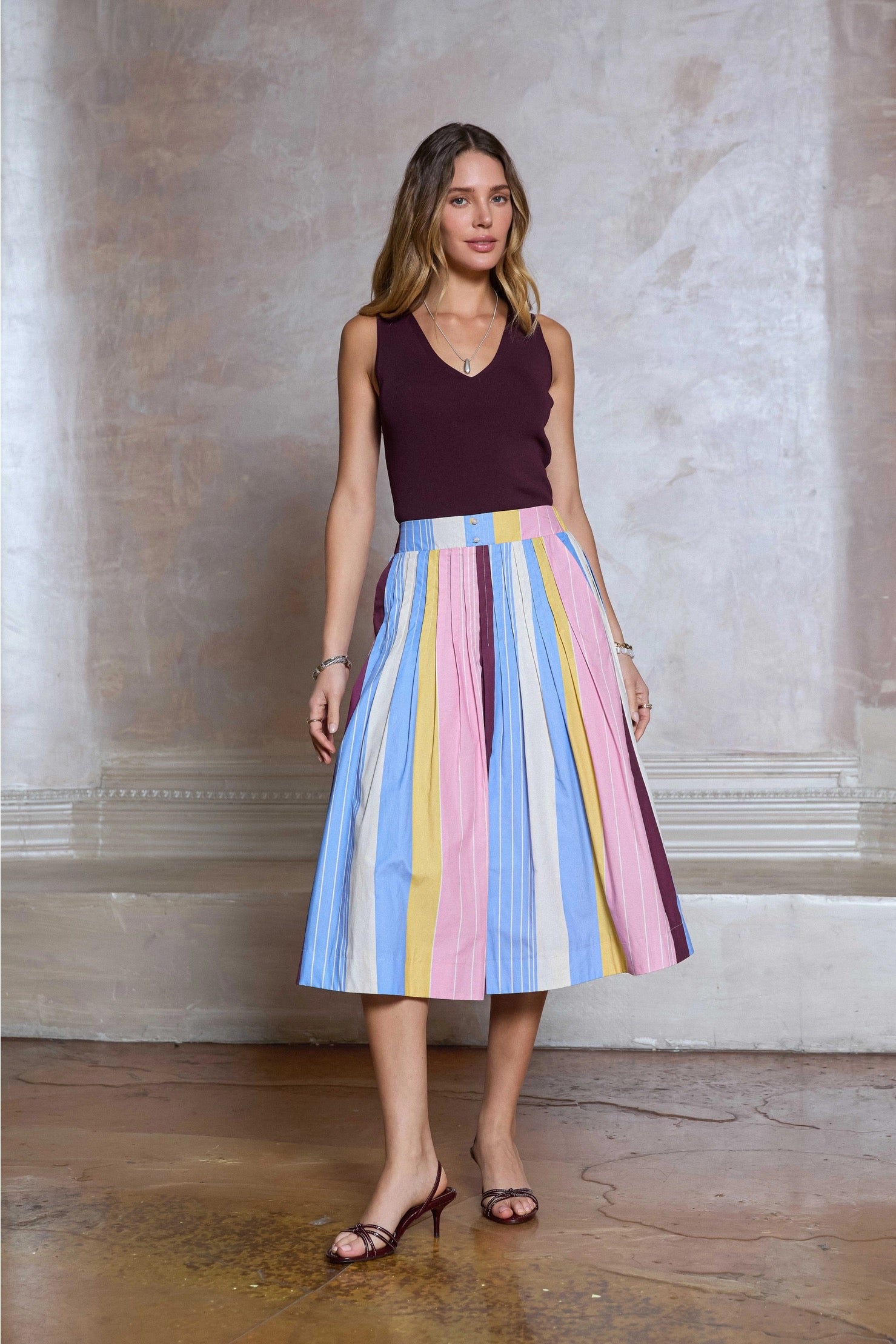 Current Air Striped Cotton A-Line Midi Skirt