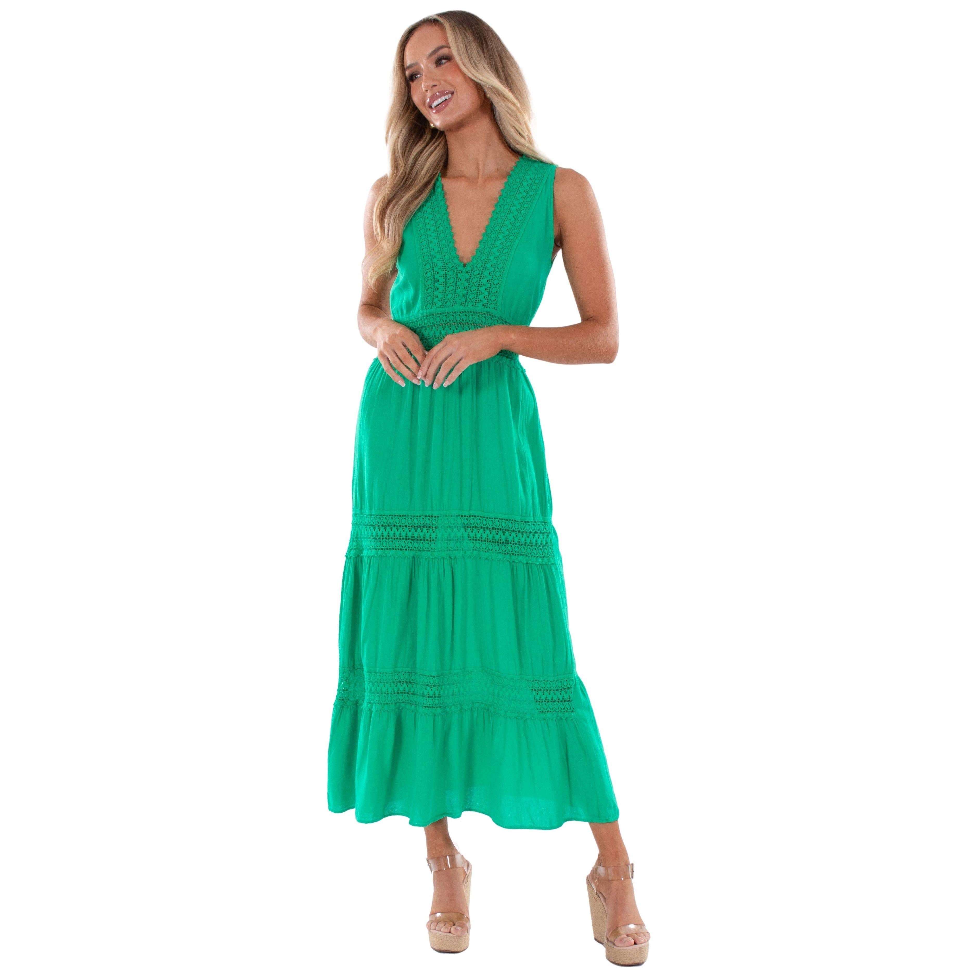 Seaspice Resort Tiered Crochet Cotton Resort Maxi Dress Green