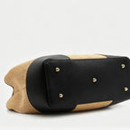 Bamboo Raffia Bag with Hammered Leather Trim