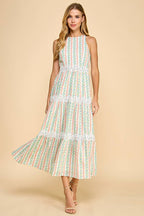 TCEC Floral Stripe Scallop Lace Midi Dress