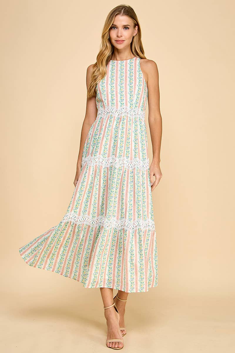 TCEC Floral Stripe Scallop Lace Midi Dress