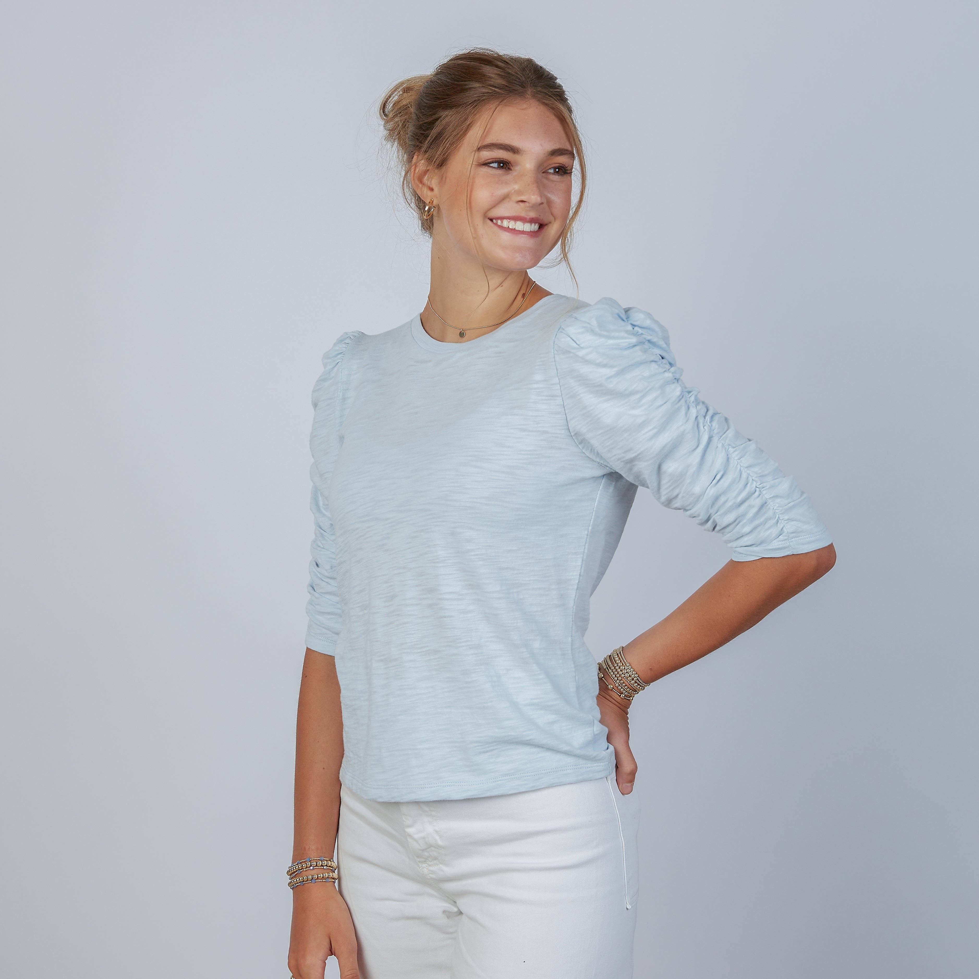 Sophie Ruched Elbow-length Tee in Sky Blue