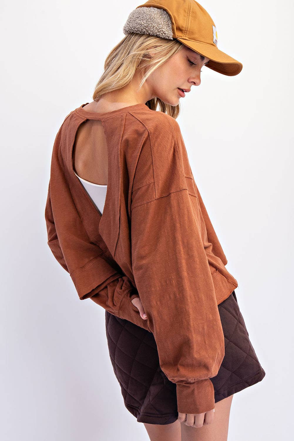 COTTON SLUB OPEN BACK LONG SLEEVE TOP
