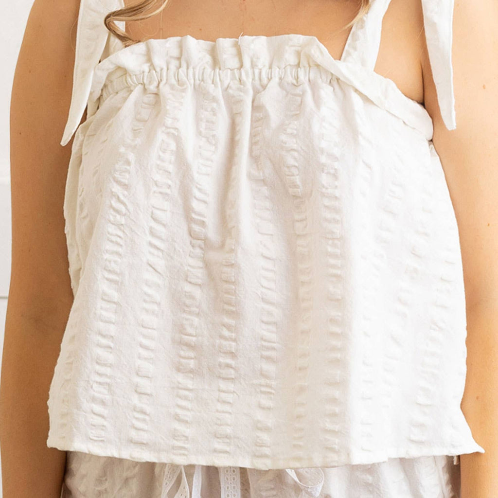 100% Cotton Textured Stripe Tie Top Ruffle Sleep Set