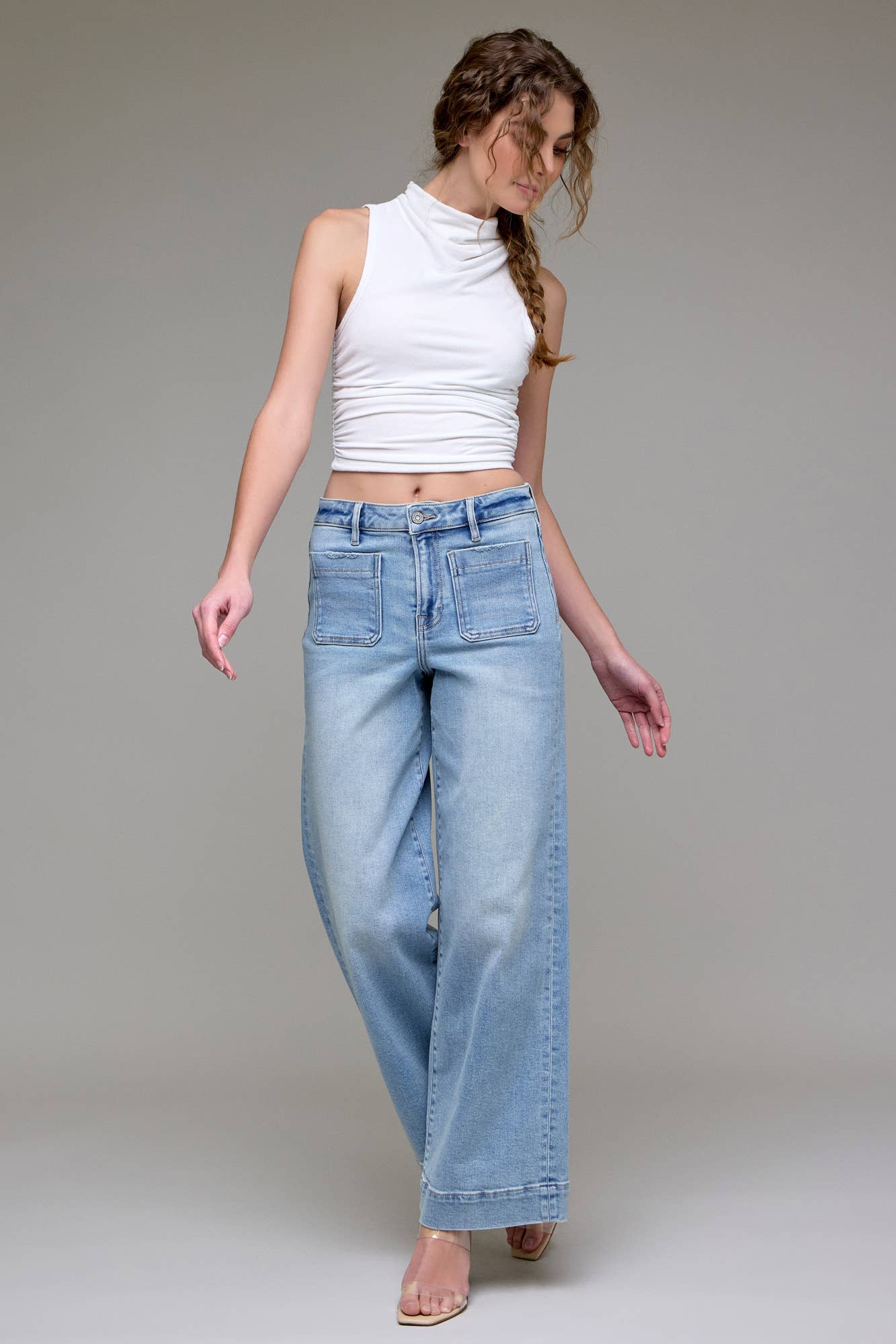 Light Wash Front Pocket Stretch Wide leg