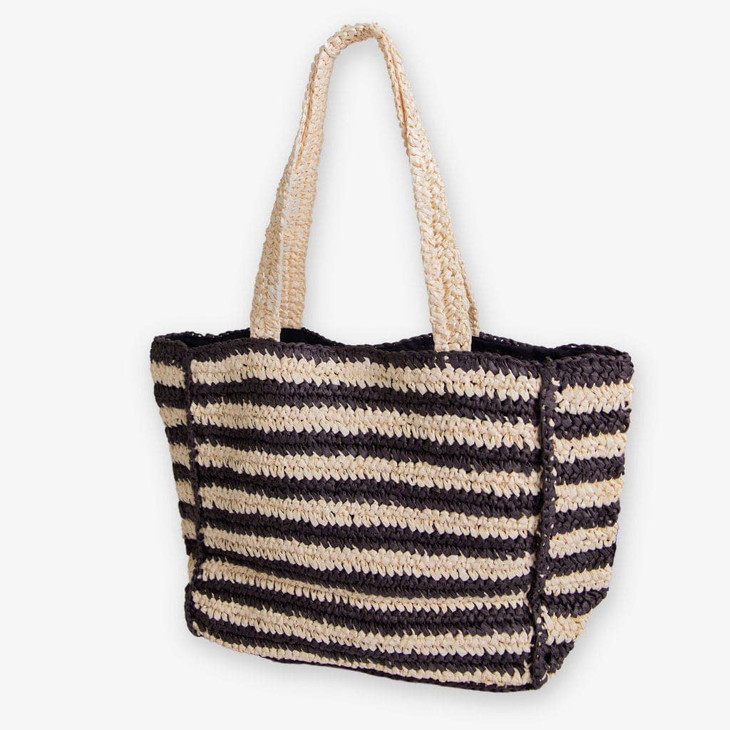 INK+ALLOY  Large Striped Raffia Tote Black/Ivory