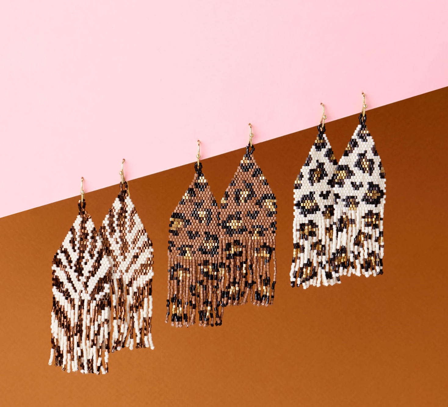 INK+ALLOY Cheetah Beaded Fringe Earrings Ivory/Black/Gold