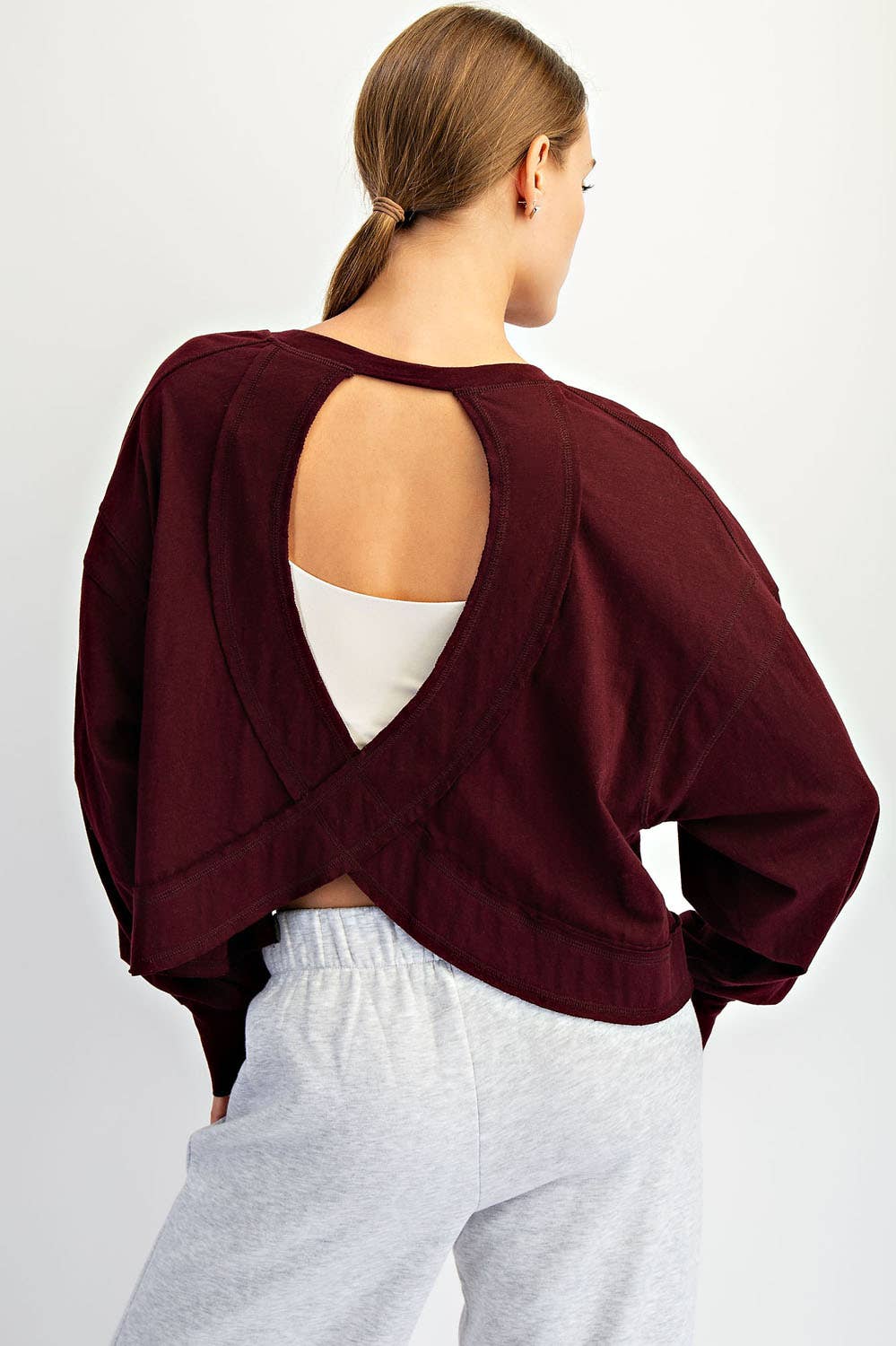COTTON SLUB OPEN BACK LONG SLEEVE TOP