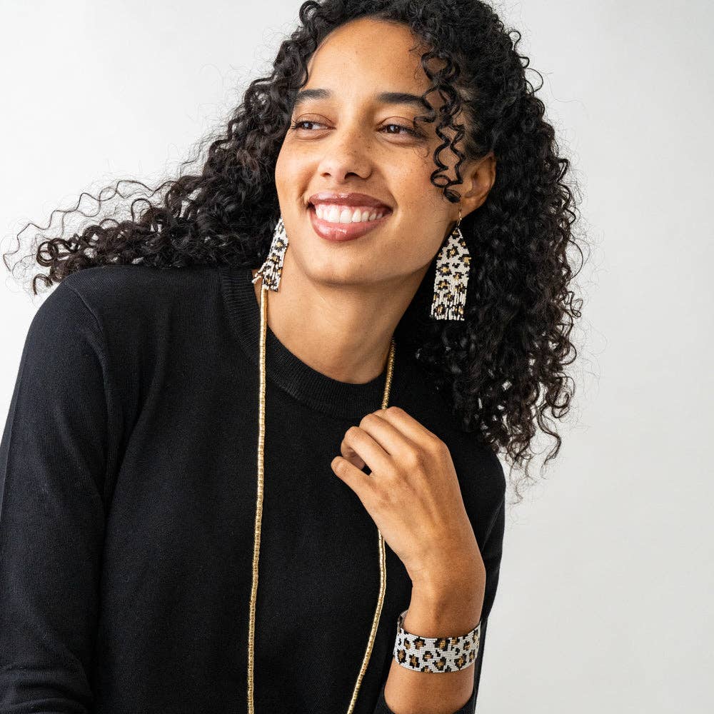 INK+ALLOY Cheetah Beaded Fringe Earrings Ivory/Black/Gold