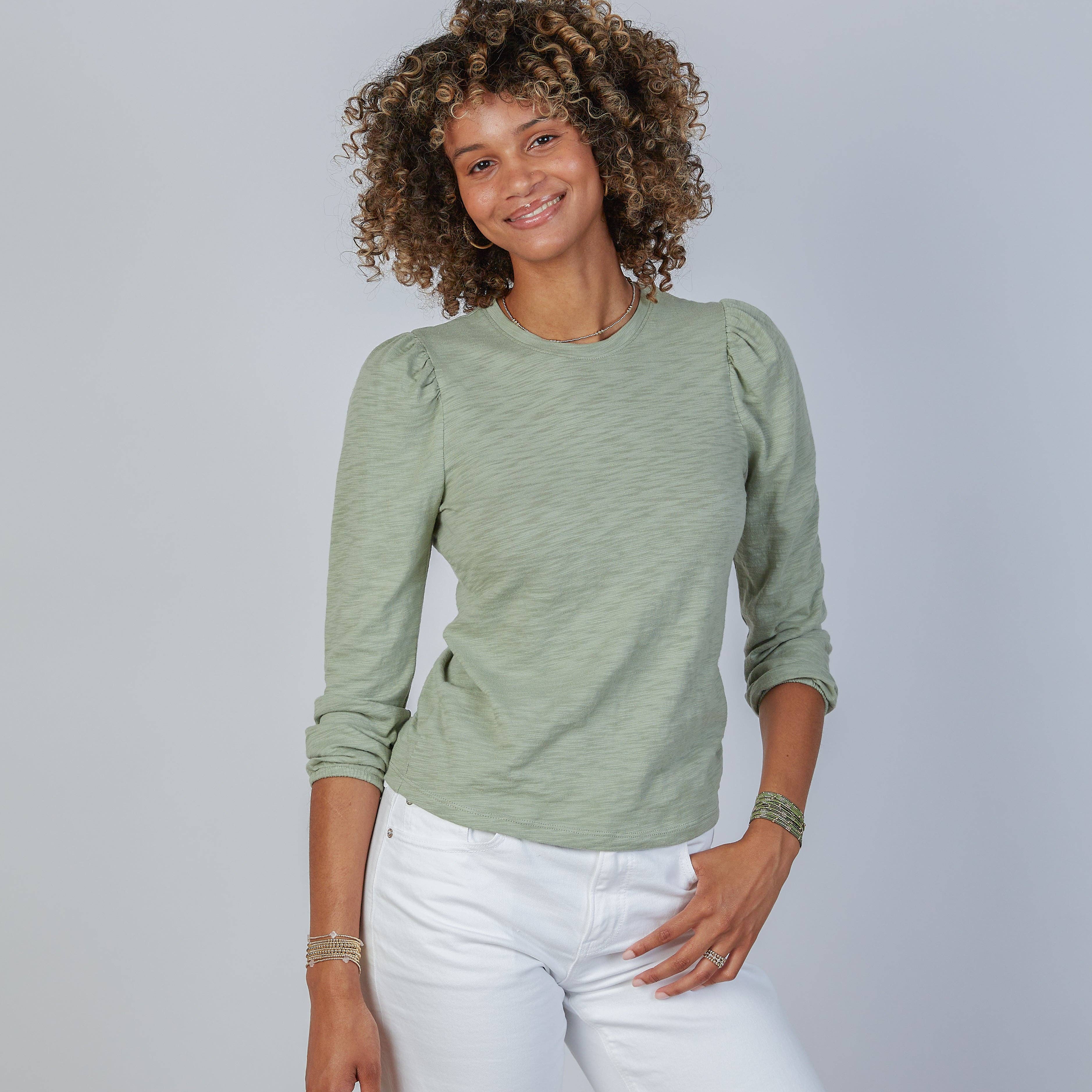 Joanie Subtle Puff Long Sleeve Tee w/Elastic Cuff in Sage