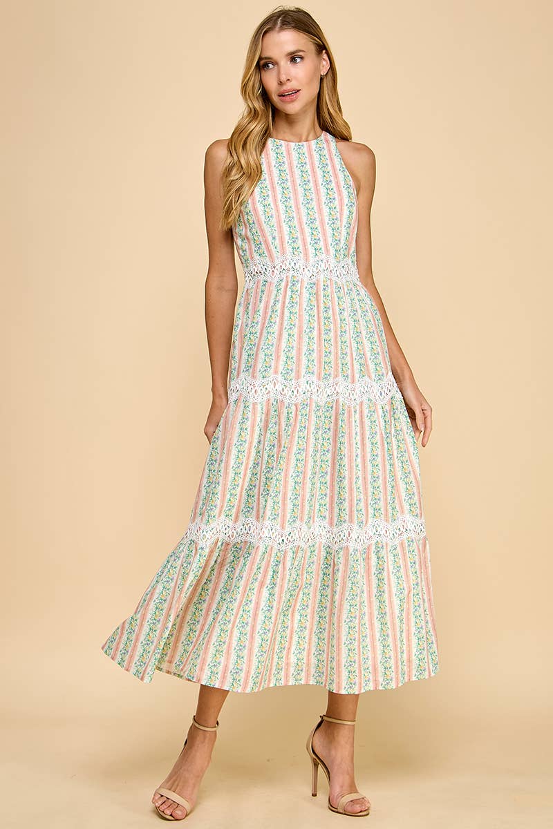 TCEC Floral Stripe Scallop Lace Midi Dress