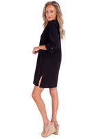 Long Sleeve Button-Up Cotton Cover-Up Dress - Black