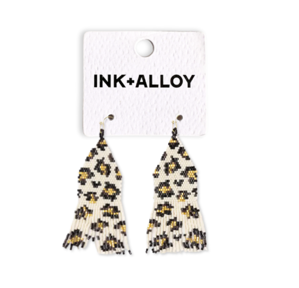 INK+ALLOY Cheetah Beaded Fringe Earrings Ivory/Black/Gold