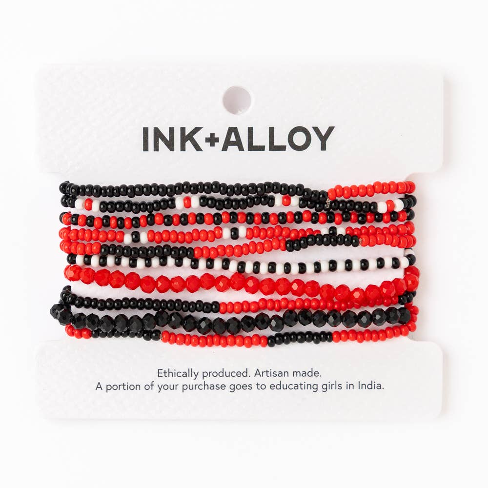 Ink+Alloy Beaded 10 Strand Stretch Bracelet Set Red + Black