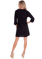 Long Sleeve Button-Up Cotton Cover-Up Dress - Black