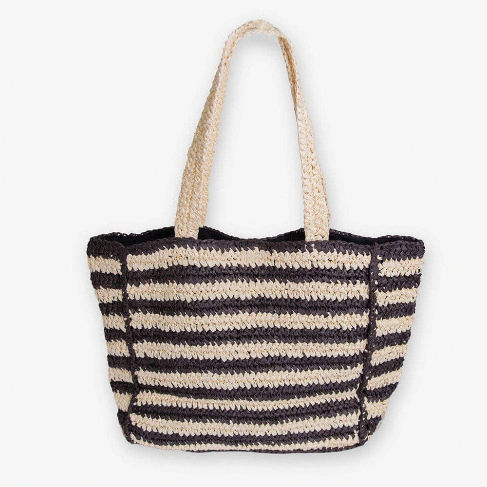 INK+ALLOY  Large Striped Raffia Tote Black/Ivory