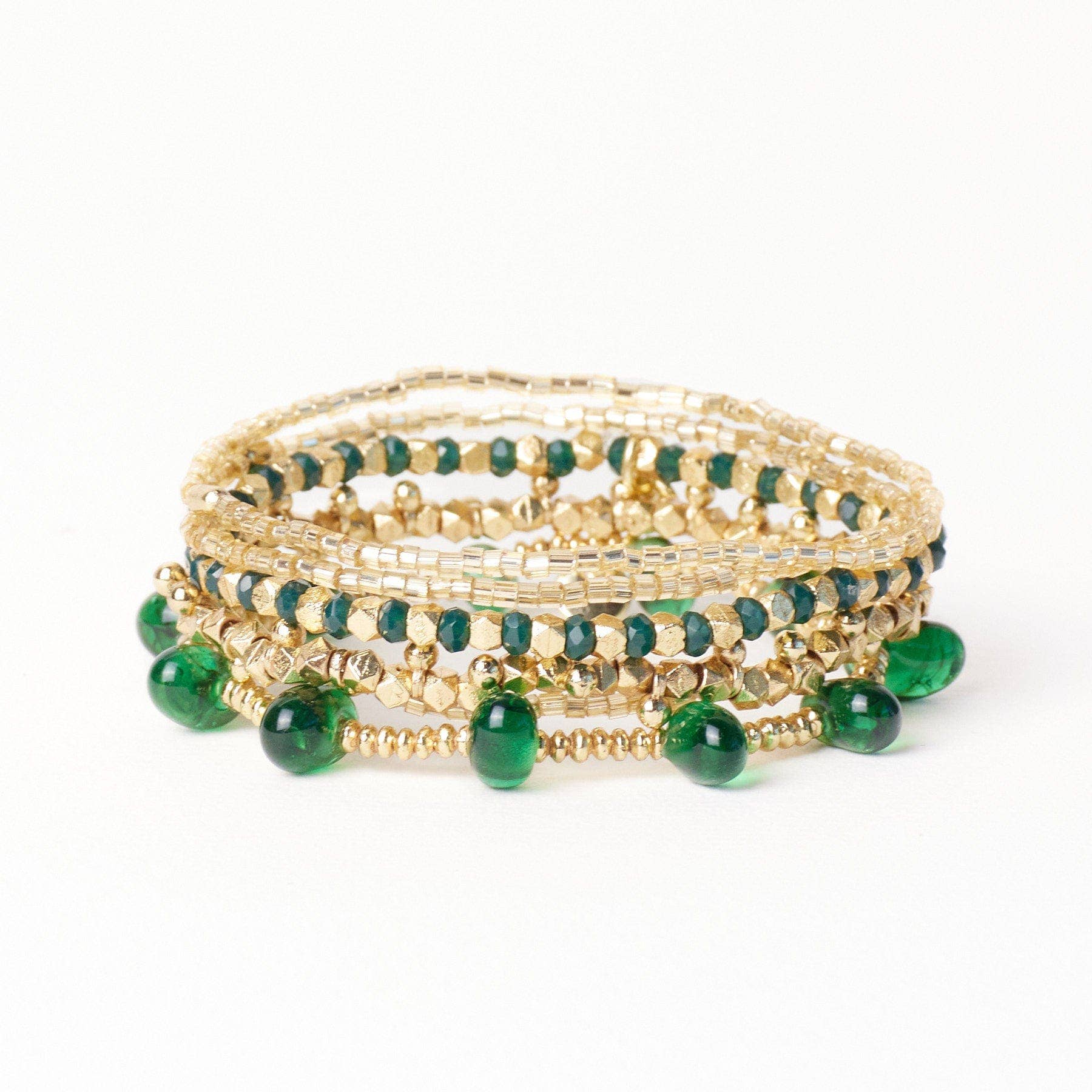 INK+ALLOY Ella Stack of 5 Stretch Bracelets Green + Gold