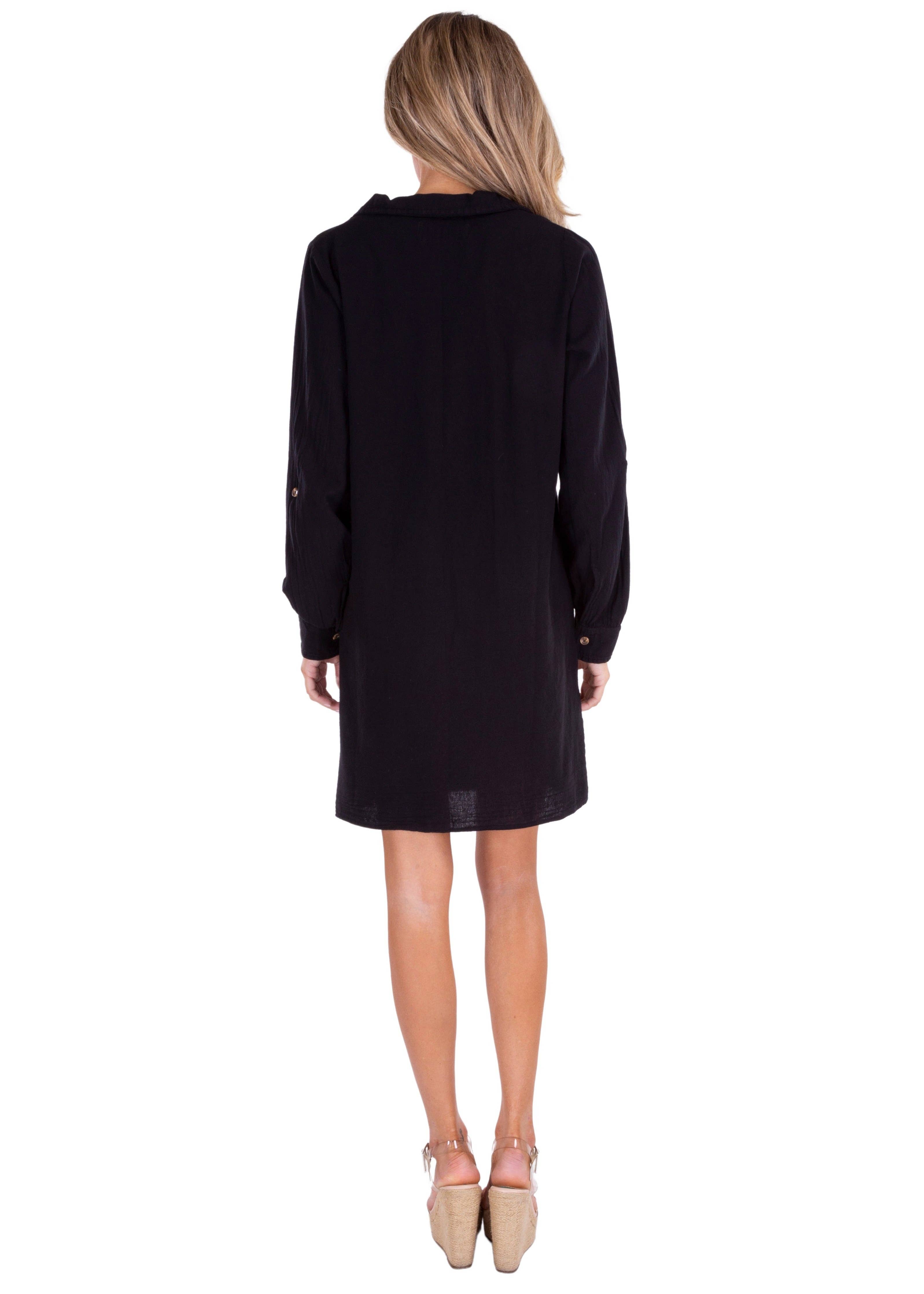 Long Sleeve Button-Up Cotton Cover-Up Dress - Black
