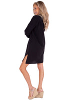 Long Sleeve Button-Up Cotton Cover-Up Dress - Black