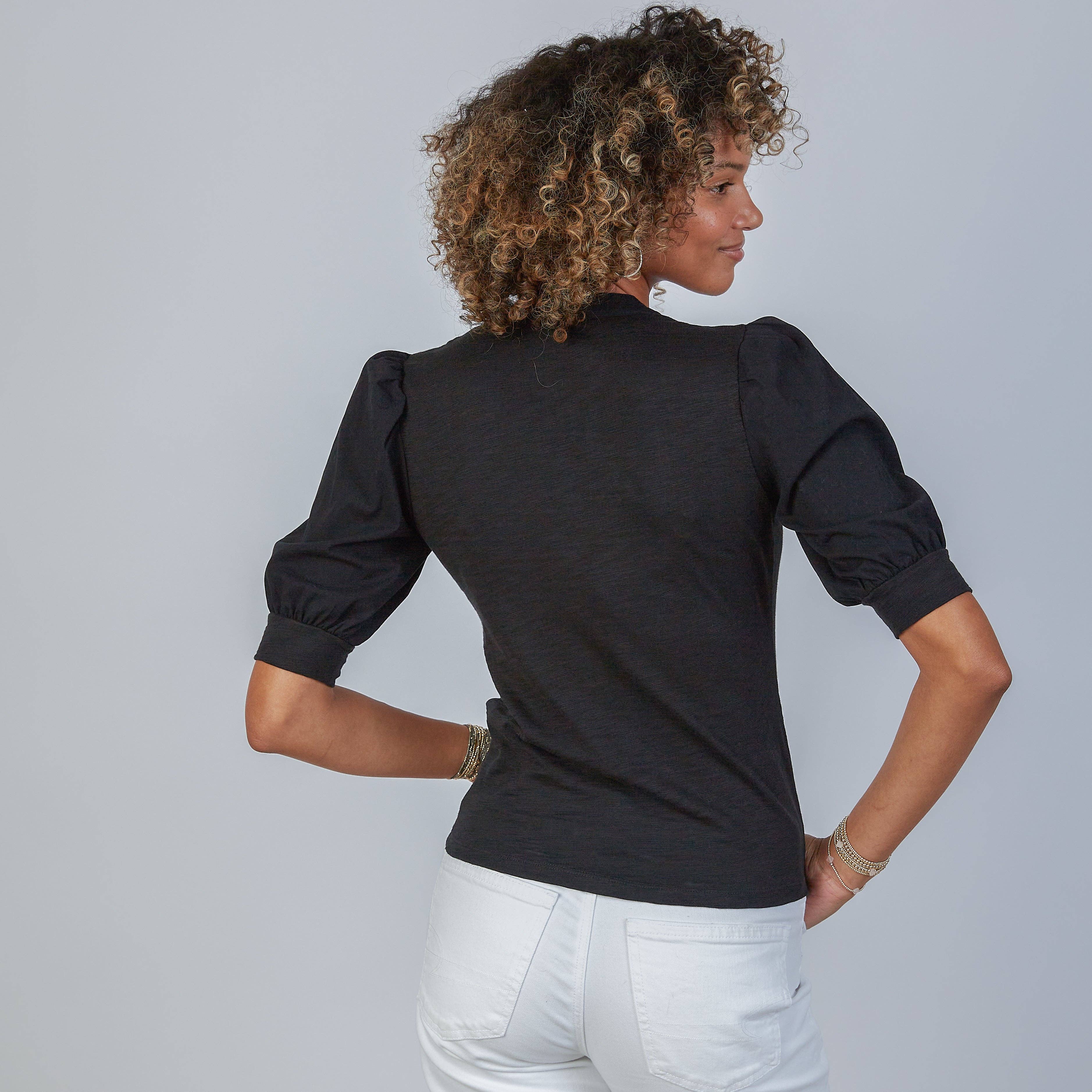 Kate Puff Sleeve V in Slub in Black